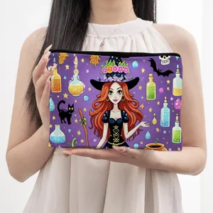 Large Capacity Canvas Cosmetic Bag Cartoon Anime Witch Print Portable Toiletry Organizer Pouch Makeup Bag For Women