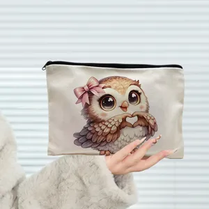 Linen cosmetic bag cute owl print zipper pouch large capacity travel makeup storage organizer