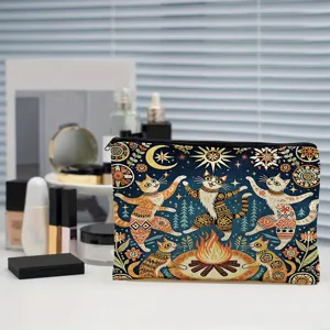 Trousse de maquillage zippée en toile avec motif de chat d'art populaire pour le quotidien.