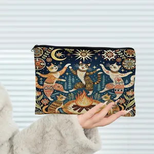 Pochette de maquillage en toile zippée avec joli motif chat, sac de rangement de voyage pratique.