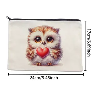 Cute owl print canvas makeup bag large capacity zipper pencil pouch portable