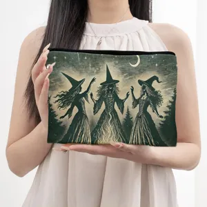 Large capacity cosmetic bag for women, portable canvas makeup pouch featuring witch print design.