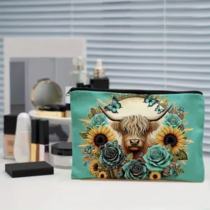 Highland cow canvas cosmetic bag with zipper, stylish travel makeup pouch and pencil case.