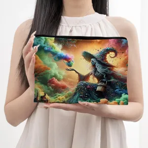 Large Capacity Canvas Cosmetic Bag Fantasy Mushroom Ghost Print Makeup Pouch Portable Travel Toiletry Organizer