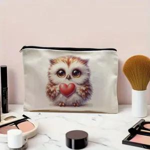 Cute owl linen makeup bag zipper storage pouch, ideal for travel, stationery and daily essentials.