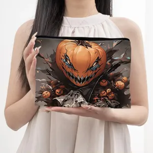 Halloween Pumpkin Skull Black Cat Print Canvas Makeup Bag Portable Zipper Travel Toiletry Pouch Cosmetic Storage Bag