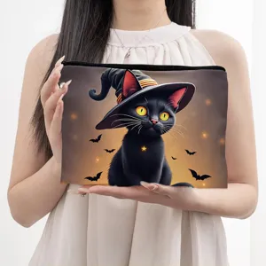 Halloween black cat print zipper cosmetic bag stylish makeup pouch travel organizer