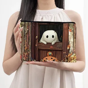 Canvas Cosmetic Bag Halloween Pumpkin Ghost Print Makeup Pouch Portable Zipper Toiletry Bag Travel Storage Handbag