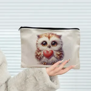 Linen makeup pouch with cute owl graphic zipper storage bag for cosmetics and stationery daily use.