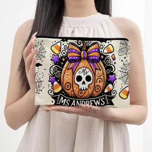 Halloween Kürbis Skelett Druck Leinwand Kosmetiktasche Tragbare Reise Make-up Tasche Reißverschluss Kulturbeutel für Damen