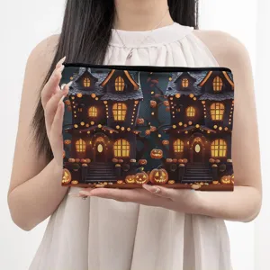 Halloween cosmetic bag canvas pouch spooky haunted house pumpkin zipper makeup storage bag