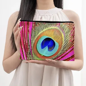 Canvas cosmetische tas stijlvolle pauwenveerprint rits make-up etui voor vrouwen en meisjes