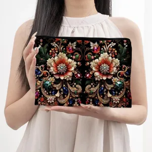 Canvas cosmetische tas met dubbelzijdige bloemenprint, stijlvol make-up tasje met rits.