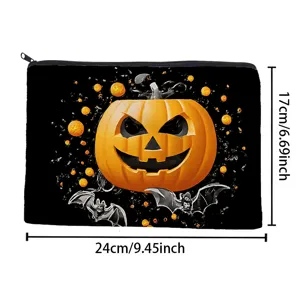 Halloween Kürbis Leinwand Täschchen Detail, schwarzer Reißverschluss, gruseliges Fledermaus