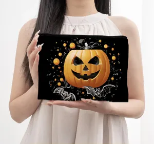 Halloween Kürbis Leinen Kosmetiktasche Make-up Organizer Detailansicht, stilvolles Gruseldesign.