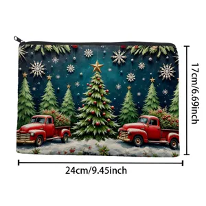 Christmas red truck print canvas cosmetic bag zipper makeup storage pouch organizer 24x17cm