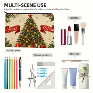 Christmas tree print canvas zipper pouch multi-scene cosmetic storage bag for daily use.