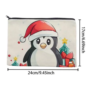 Large capacity Christmas penguin makeup bag, polyester cosmetic storage pouch for travel.