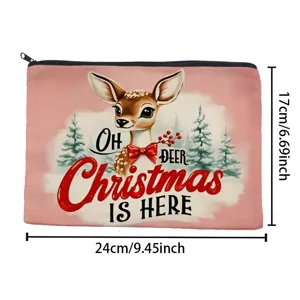 Detailaufnahme des Weihnachtshirsch Kosmetiktaschen mit klarem Druck und Canvas-Stoff.