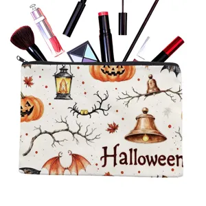 Halloween canvas cosmetic bag portable makeup pouch travel storage bag with cute pumpkin print