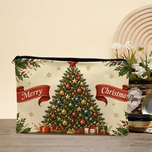 Christmas tree printed canvas storage pouch large capacity portable cosmetic organizer bag