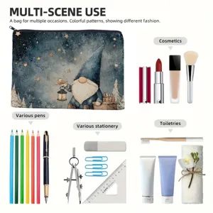 Trousse de maquillage portable en toile avec imprimé de gnome étoilé, idéale pour voyage.