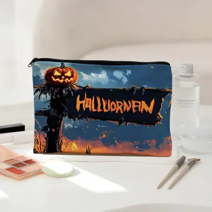 Halloween Kosmetiktasche Reise Make-up Etui gruseliger Kürbis Print Reißverschluss Kulturbeutel Detail