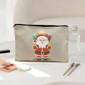 Detailansicht der Weihnachtskosmetiktasche aus Canvas mit süßem Weihnachtsmann-Druck für Geschenke.