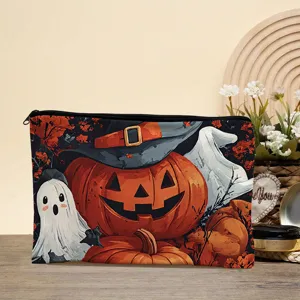 Halloween Kürbis Geist Leinen Kosmetiktasche Detailansicht, süße gruselige Make-up Tasche.