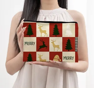 Christmas zipper cosmetic bag, large capacity linen makeup pouch, festive double-print wash bag