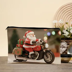 Christmas Santa Claus motorcycle print makeup bag cosmetic pouch zipper storage travel bag