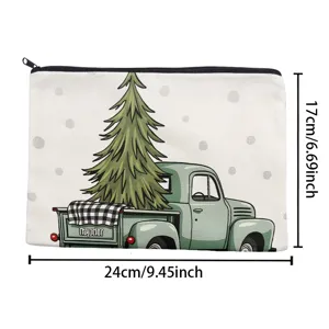 Christmas tree vintage truck print cotton linen cosmetic storage bag makeup pouch 24x17cm