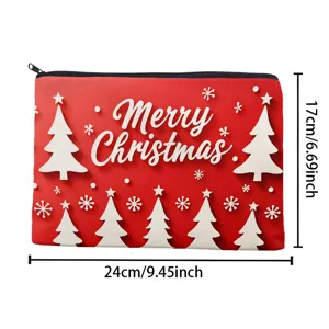 Detail view of the Christmas linen zipper makeup bag, featuring white trees and festive print.