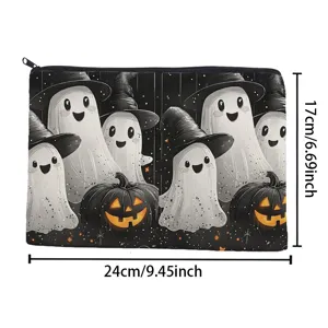 Halloween ghost canvas makeup bag detail, cute witch hat pouch, spacious storage for daily items.