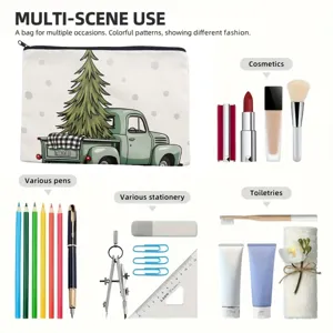 Multifunctional canvas makeup bag with vintage truck Christmas tree print for travel storage.