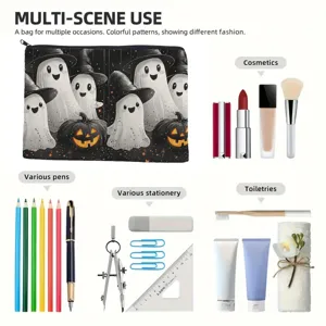 Canvas makeup pouch with cute ghost Halloween pattern, large capacity multi-scene storage.