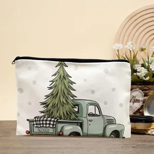 Detail view of cotton linen cosmetic pouch with vintage truck and tree print, zipper closure.