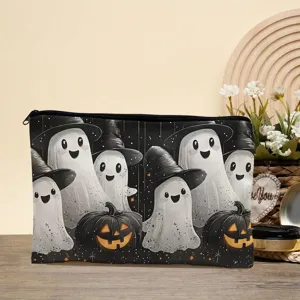 Halloween canvas cosmetic bag cute ghost pencil pouch large capacity travel organizer