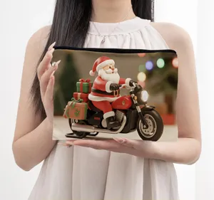 Christmas Santa Claus motorcycle print canvas cosmetic bag, cute holiday zipper pouch.