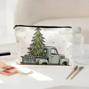 Canvas makeup pouch detail with vintage Christmas truck print, ideal for travel and cosmetic storage.