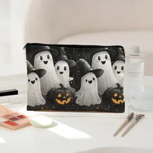 Halloween cute ghost and pumpkin canvas makeup bag, large capacity pencil case and travel storage pouch.