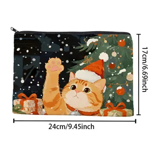 Christmas cat canvas cosmetic bag detail view, cute ginger kitten pattern zipper pouch.