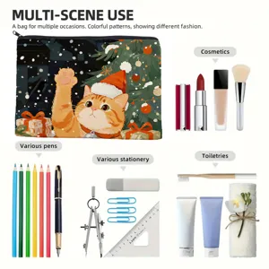 Christmas cat print cosmetic bag large capacity makeup pouch multi-function storage organizer