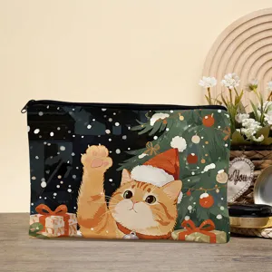 Christmas cat print cosmetic bag, cute Santa hat kitty canvas zipper travel storage pouch.