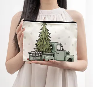 Christmas tree vintage truck print canvas cosmetic bag linen storage pouch for women