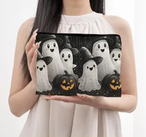Halloween ghost pattern canvas cosmetic bag zipper detail for daily travel and stationery storage.