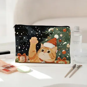 Christmas cat print makeup bag, cute holiday cosmetic storage pouch for women and girls.