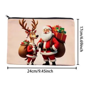 Christmas cosmetic bag with cute Santa and reindeer print, durable canvas zipper pouch detail.