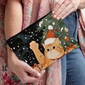 Christmas cat printed cosmetic pouch, cute canvas makeup bag with secure zipper closure.
