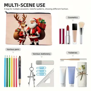 Multi-scene canvas cosmetic bag, Christmas Santa design, perfect for stationery and toiletries.